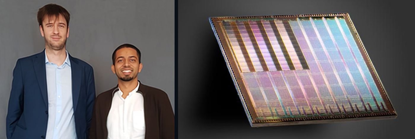 Alessandro Aimar (left) and Manu V. Nair, co-founders of Synthara, and a chip designed by the company. © Synthara